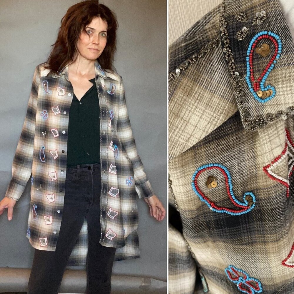 MISS ME Flannel XS Plaid Beaded long Shirt paisley Tunic black dress overshirt